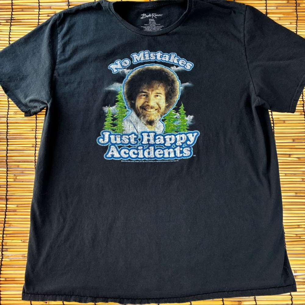 Bob Ross No Mistakes Just Happy Accidents Mens 2XL Black Graphic T-Shirt Cotton